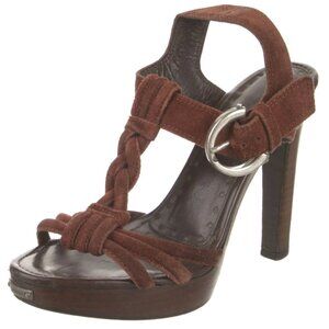 YSL Yves Saint Laurent Rust Brown "Merida 90" Braided Suede Platform Heels